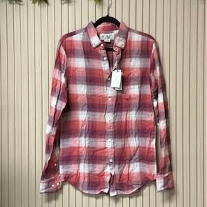 Original Penguin Plaid Crinkle Cotton Button-Up Shirt Mineral Red Size S